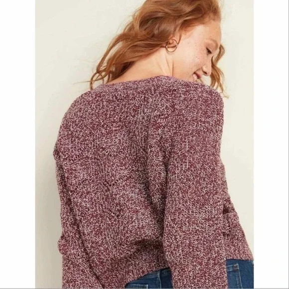 Old Navy Marled Pointelle Knit V Neck Crop Cardigan Sweater Burgundy Red Small - Picture 5 of 14